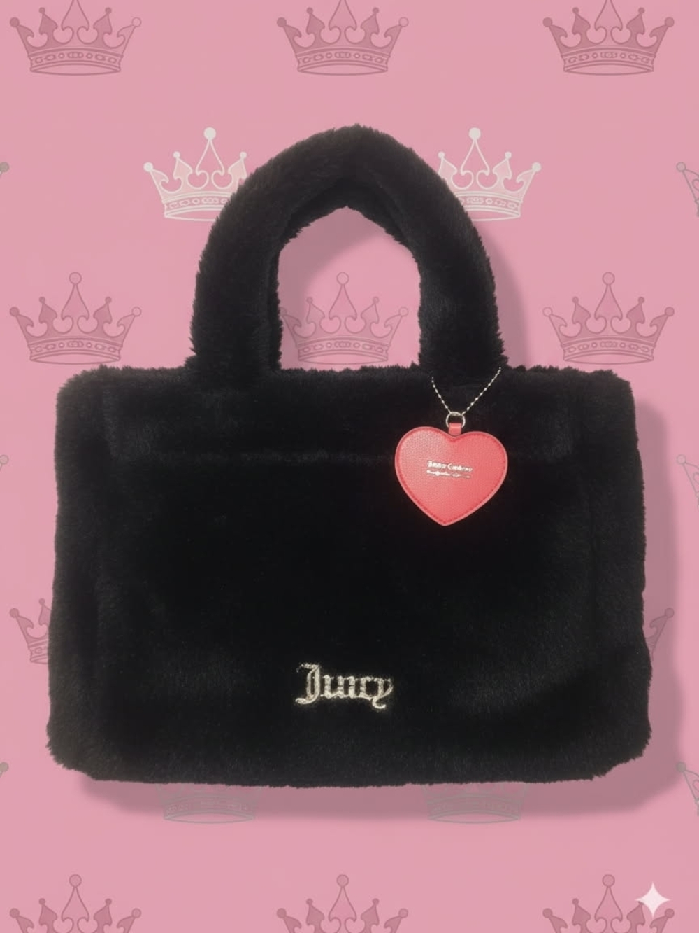 Juicy Couture Black Faux Fur Tote with Red Heart Charm